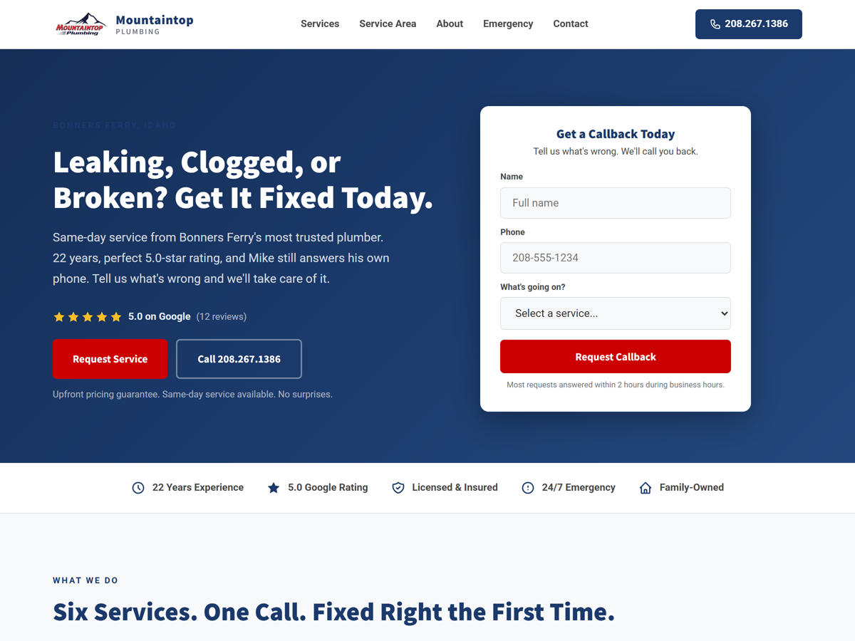 Mountaintop Plumbing new Pressure Built website - hero section